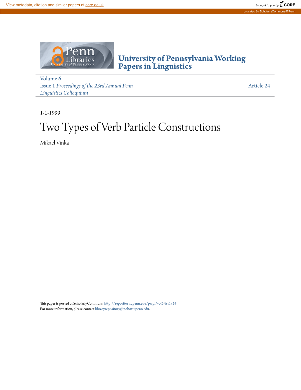 Two Types of Verb Particle Constructions Mikael Vinka