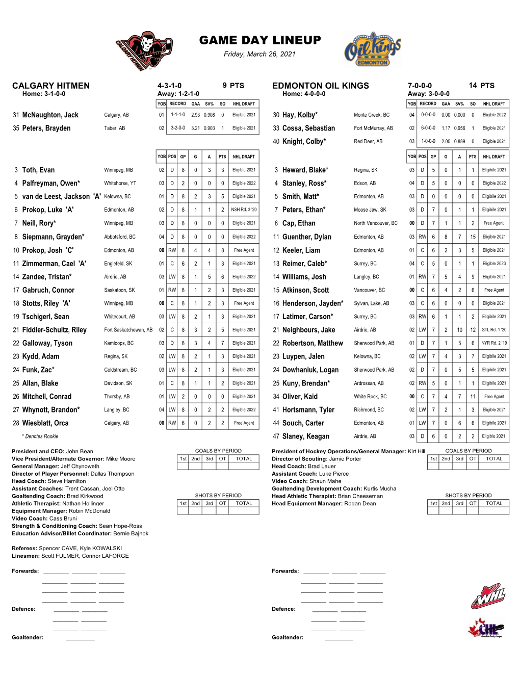 GAME DAY LINEUP Friday, March 26, 2021