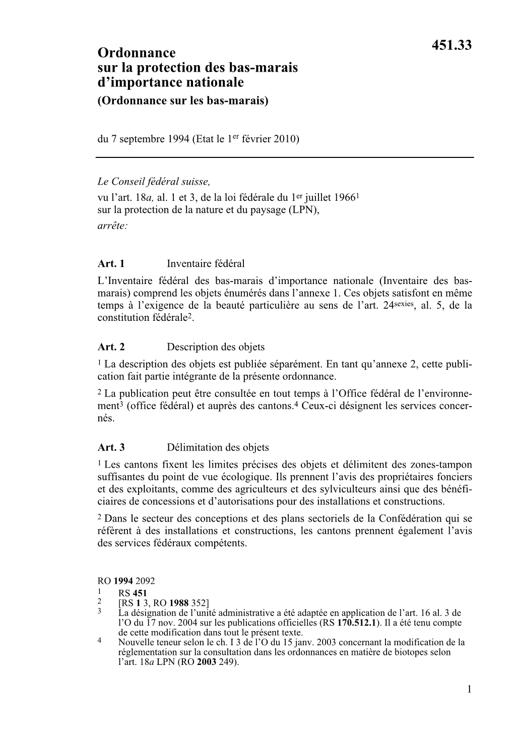 Ordonnance Sur La Protection Des Bas-Marais D'importance Nationale 451.33