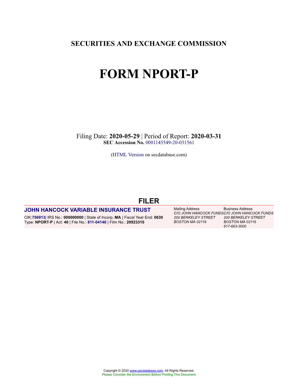 JOHN HANCOCK VARIABLE INSURANCE TRUST Form NPORT