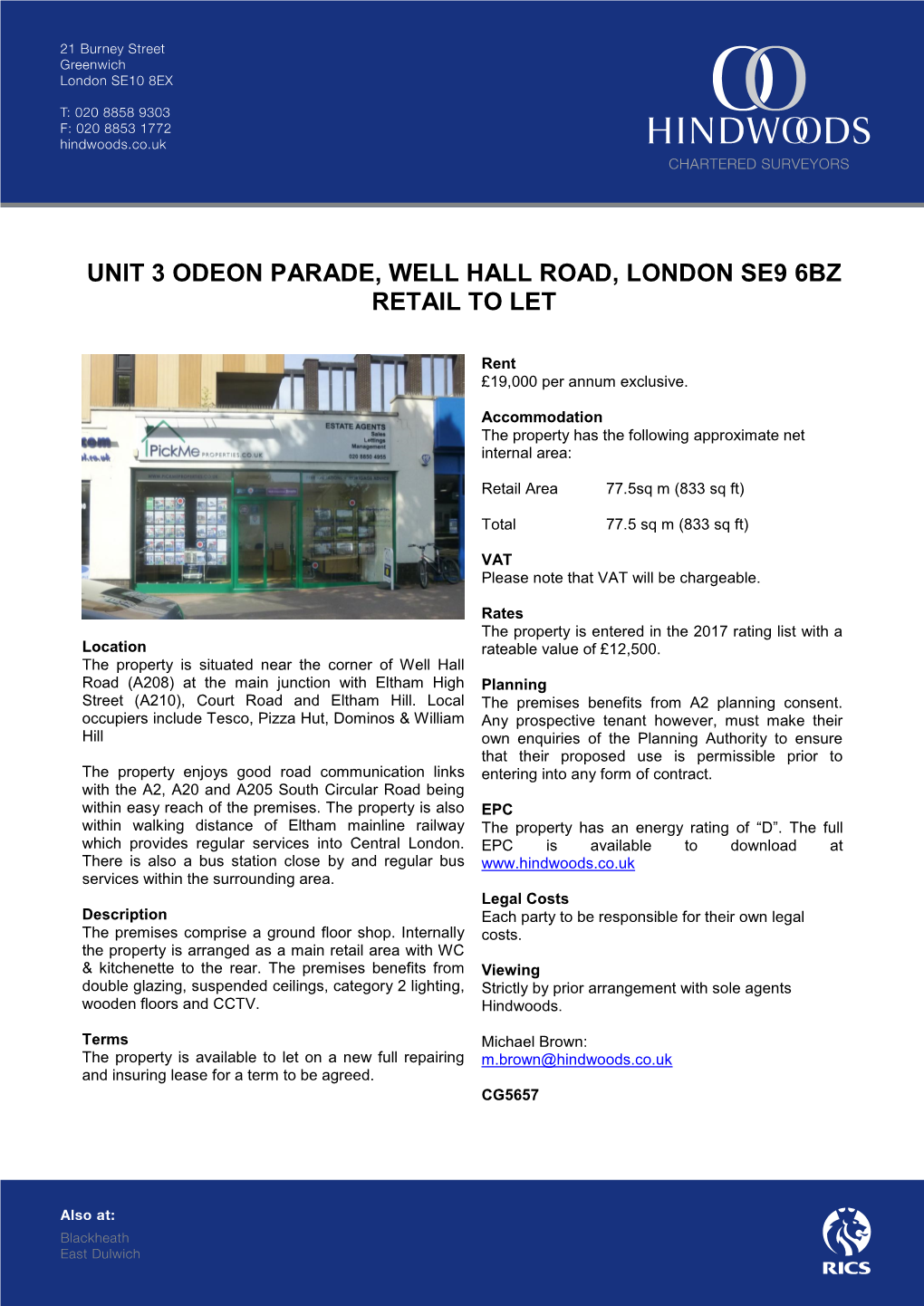 Unit 3 Odeon Parade, Well Hall Road, London Se9 6Bz Retail to Let