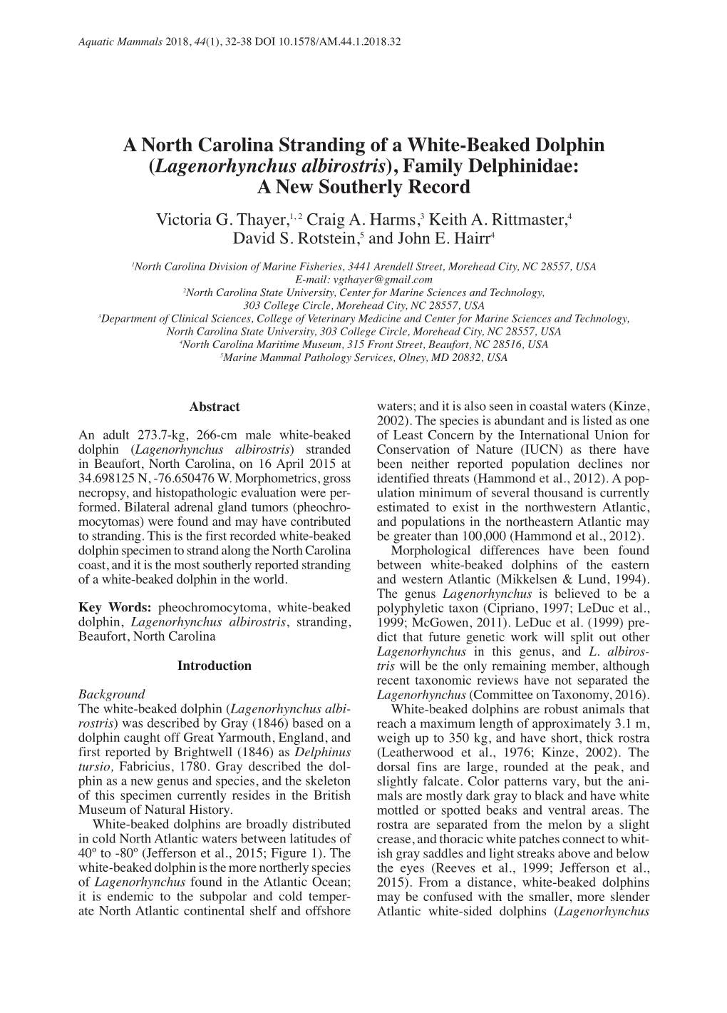 A North Carolina Stranding of a White-Beaked Dolphin (Lagenorhynchus Albirostris), Family Delphinidae: a New Southerly Record Victoria G