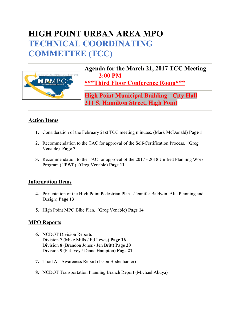 TECHNICAL COORDINATING COMMITTEE February 21, 2017