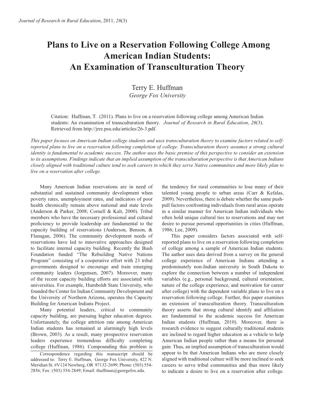 Plans to Live on a Reservation Following College Among American Indian Students: an Examination of Transculturation Theory