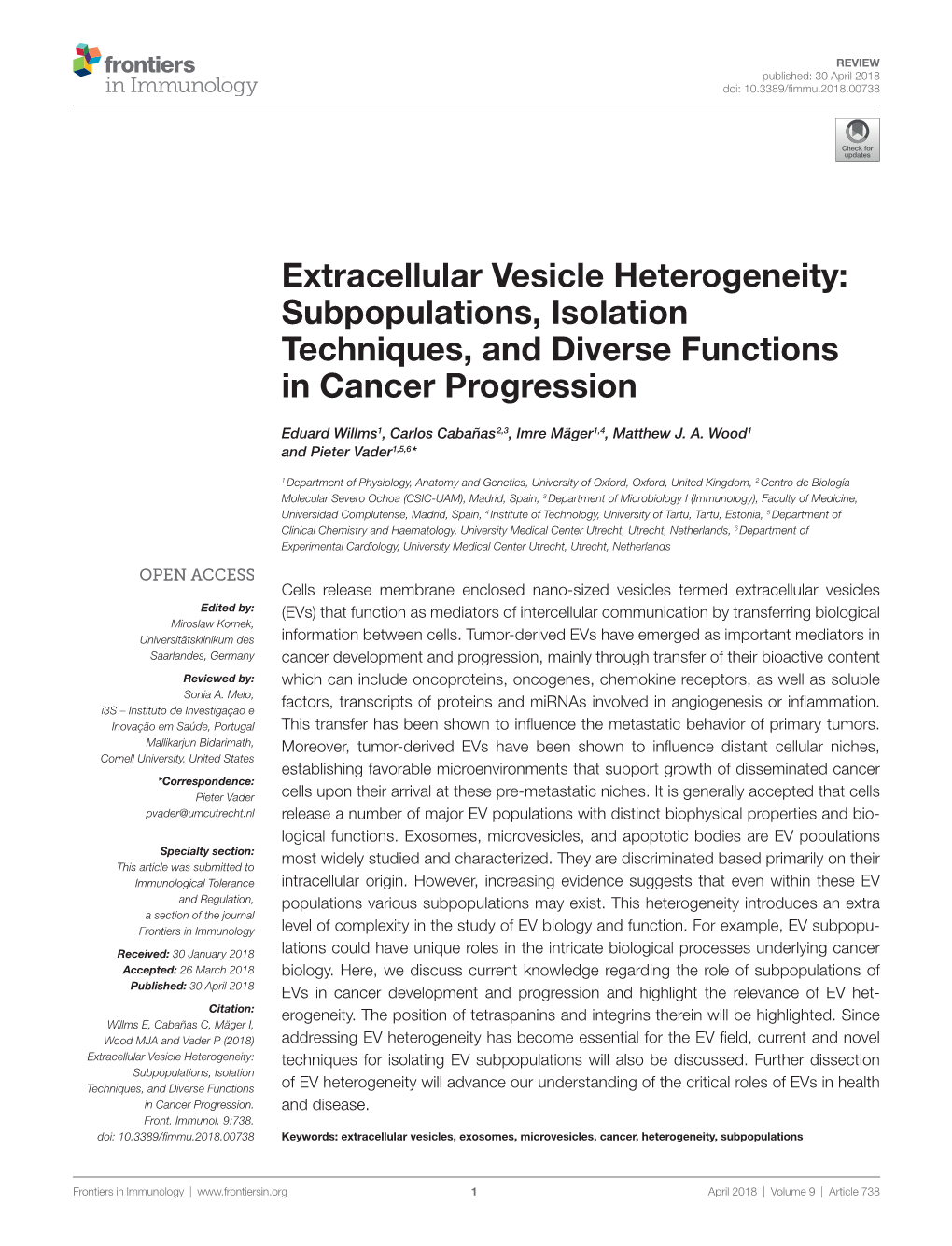 Extracellular Vesicle Heterogeneity: Subpopulations, Isolation Techniques, and Diverse Functions in Cancer Progression