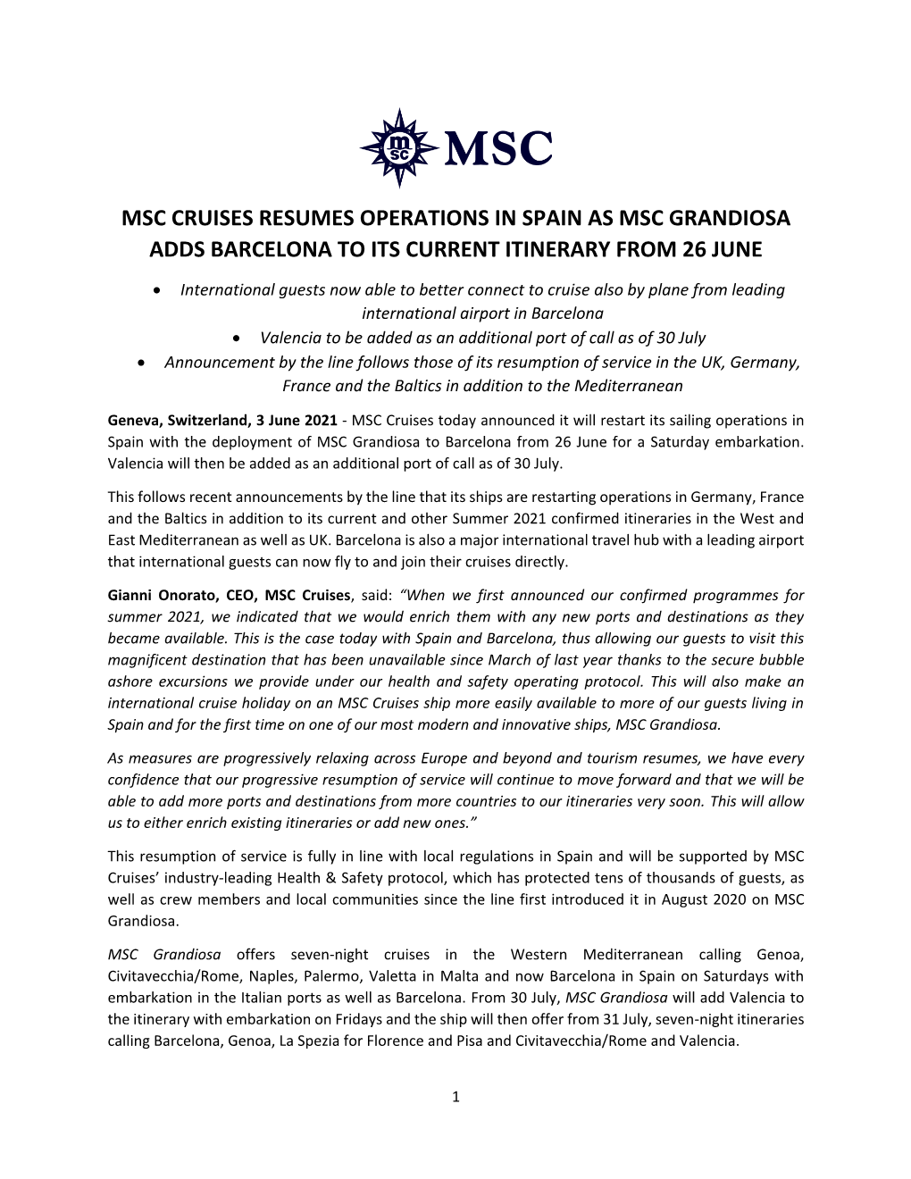 Msc Cruises Resumes Operations in Spain As Msc Grandiosa Adds Barcelona to Its Current Itinerary from 26 June