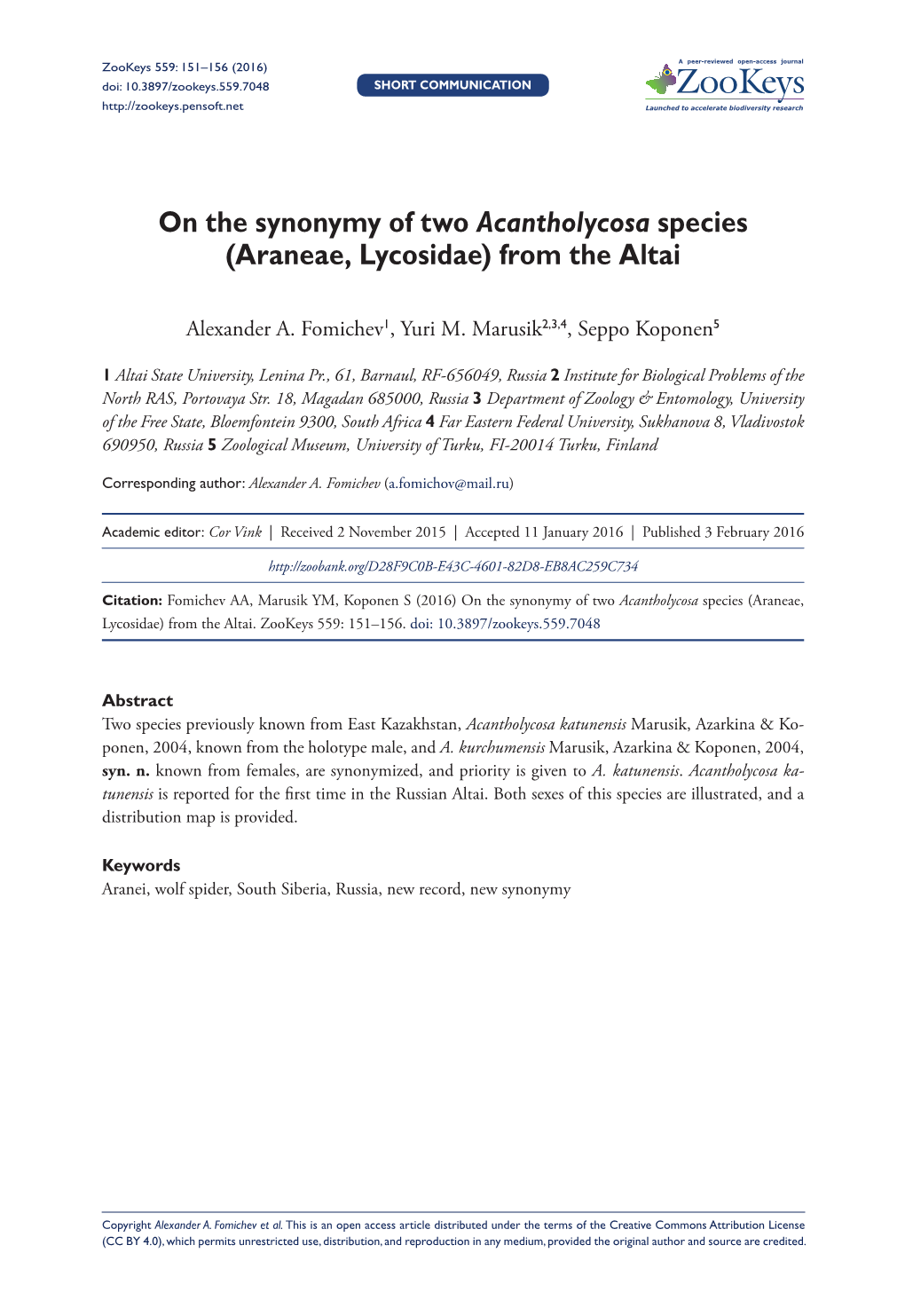 On the Synonymy of Two Acantholycosa Species (Araneae, Lycosidae) from the Altai