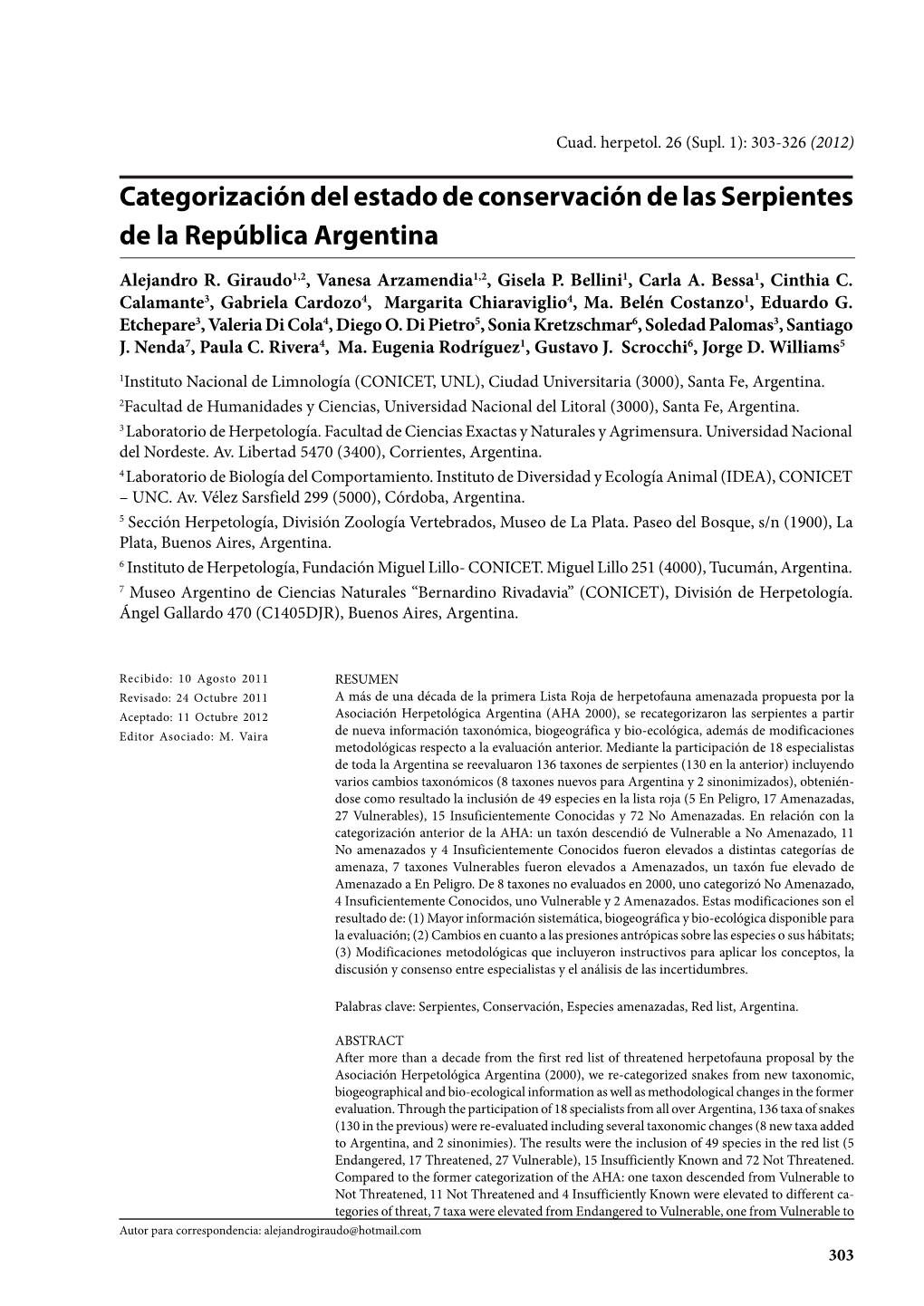 Categorización Del Estado De Conservación De Las Serpientes De La República Argentina