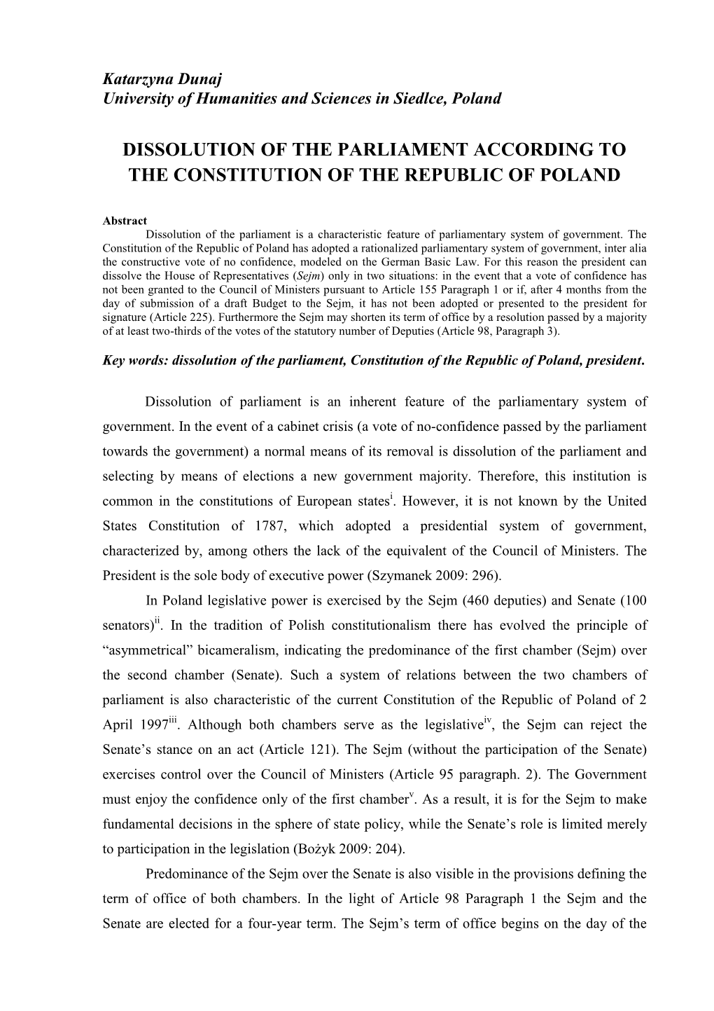 Dissolution of the Parliament According to the Constitution of the Republic of Poland