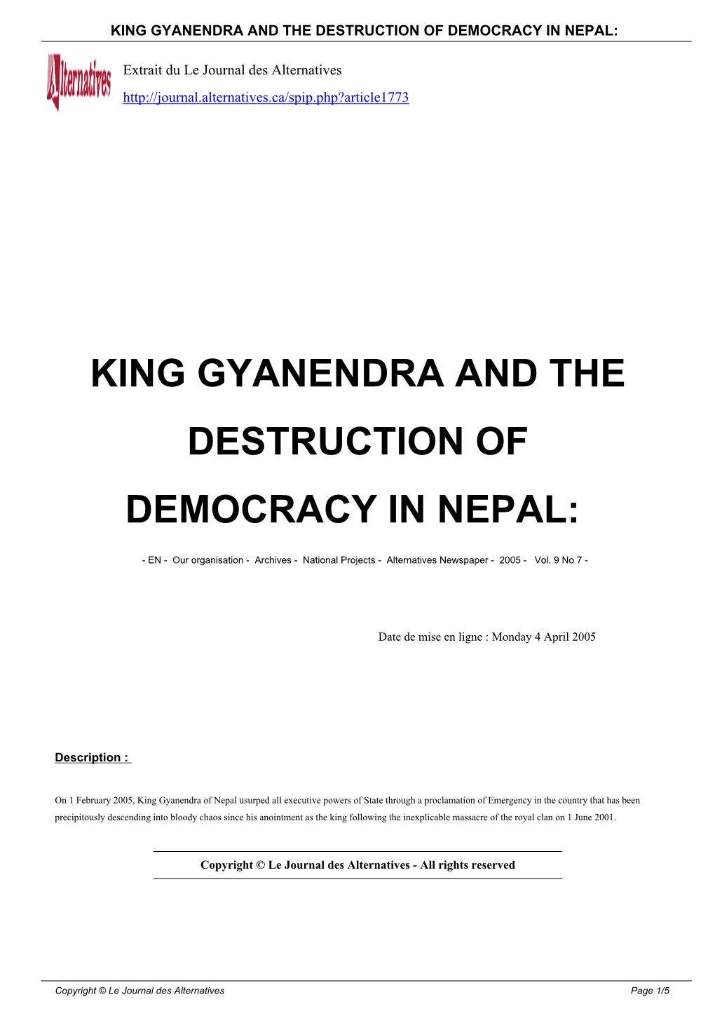 King Gyanendra and the Destruction of Democracy in Nepal