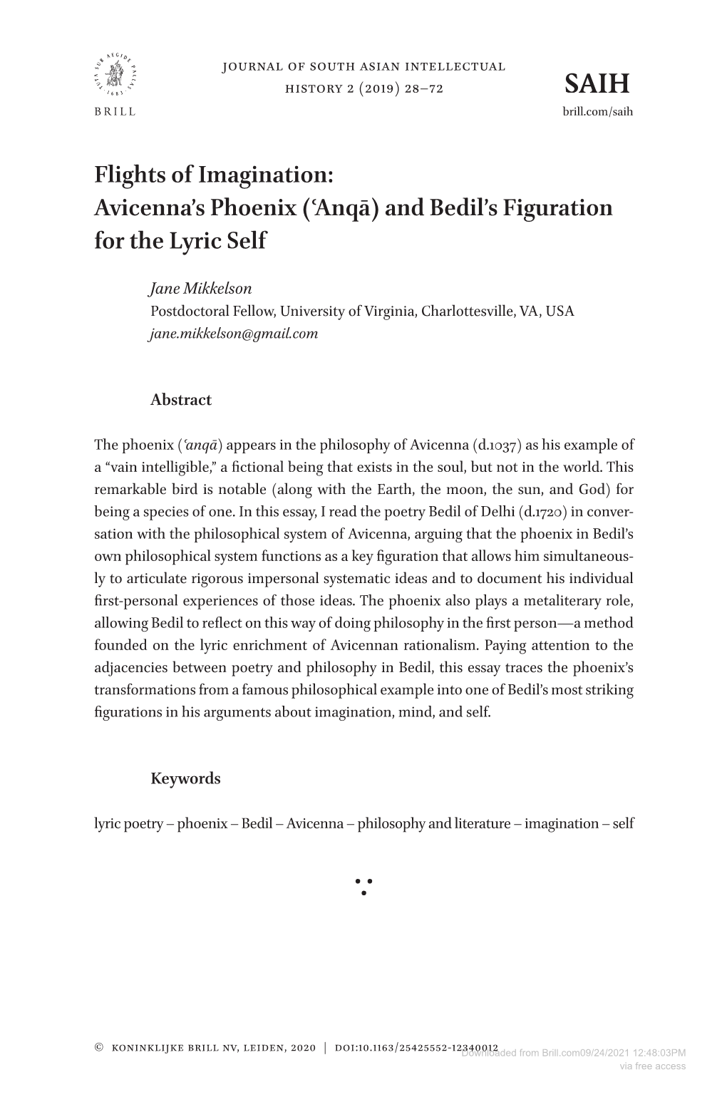 Flights of Imagination: Avicenna's Phoenix (ʿanqā) and Bedil's