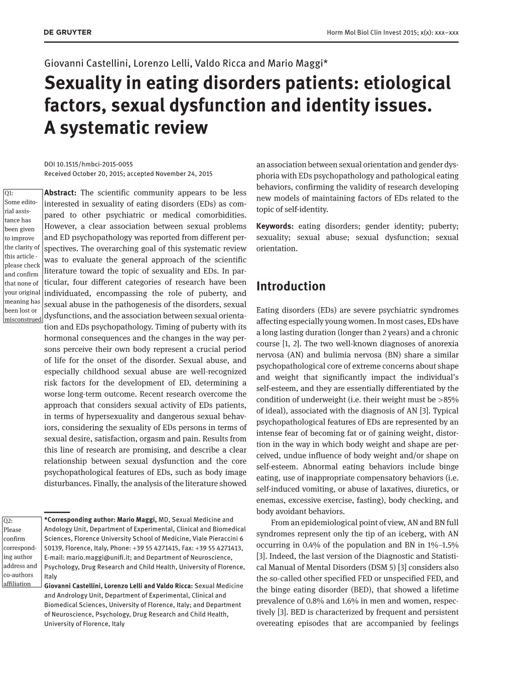 Sexuality in Eating Disorders Patients: Etiological Factors, Sexual Dysfunction and Identity Issues