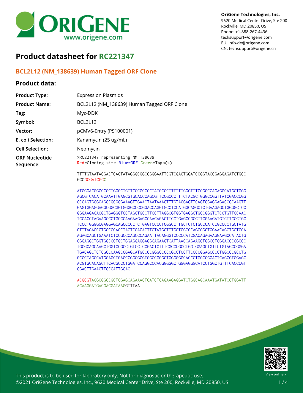 BCL2L12 (NM 138639) Human Tagged ORF Clone Product Data