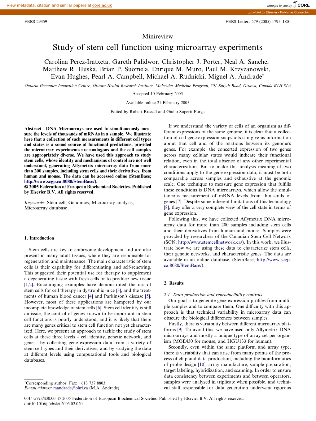 Study of Stem Cell Function Using Microarray Experiments