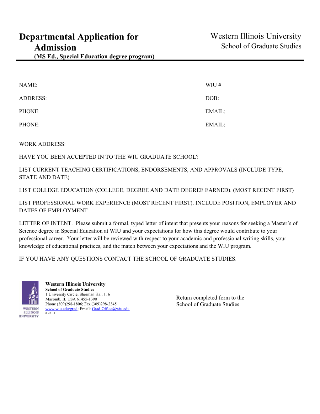 Departmental Application for Admission(MS Ed., Special Education Degree Program)