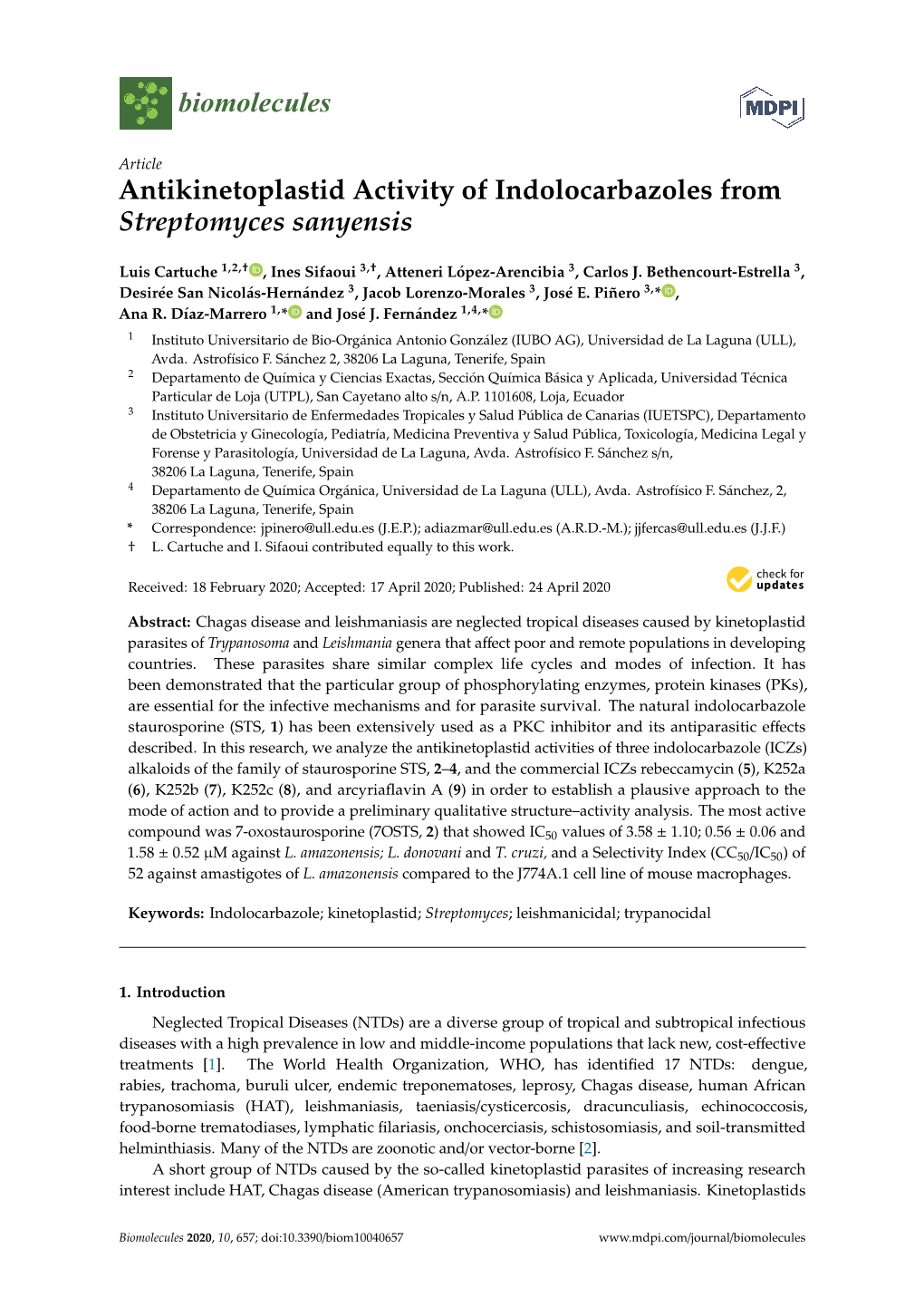 Antikinetoplastid Activity of Indolocarbazoles from Streptomyces Sanyensis