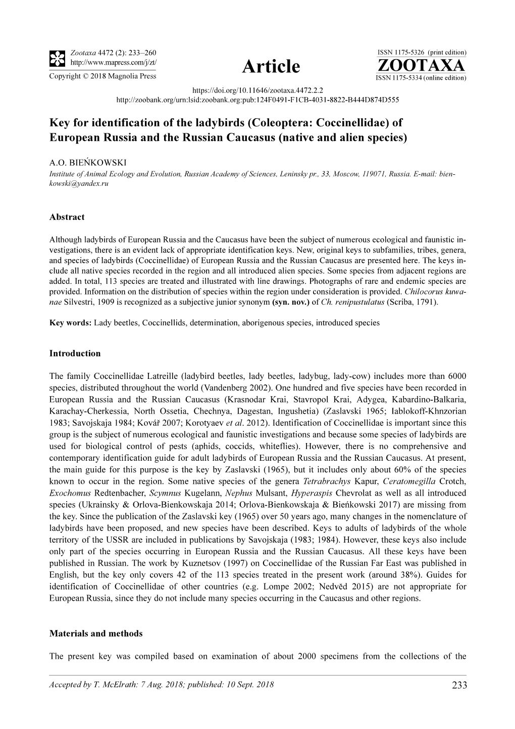 Key for Identification of the Ladybirds (Coleoptera: Coccinellidae) of European Russia and the Russian Caucasus (Native and Alien Species)