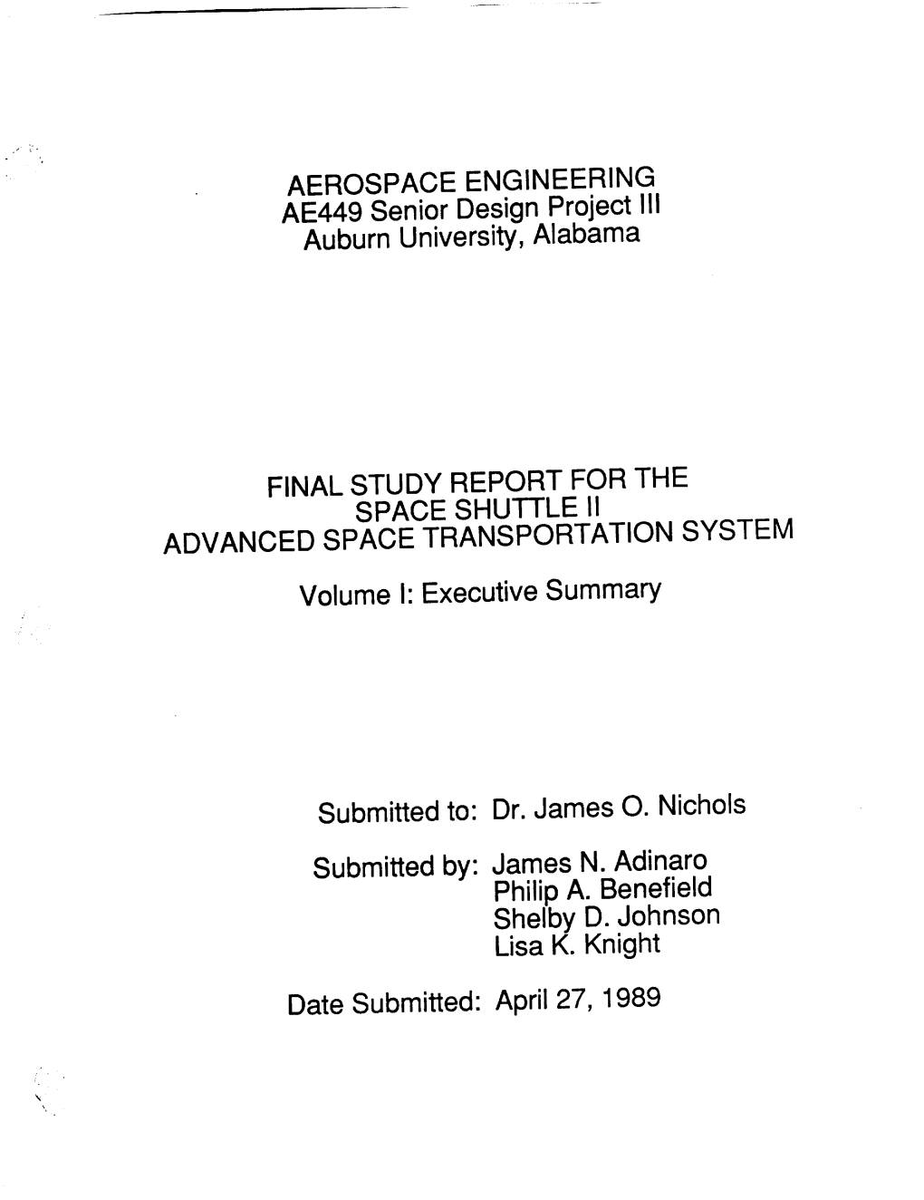 AEROSPACE ENGINEERING AE449 Senior Design Project I!1 Auburn University, Alabama