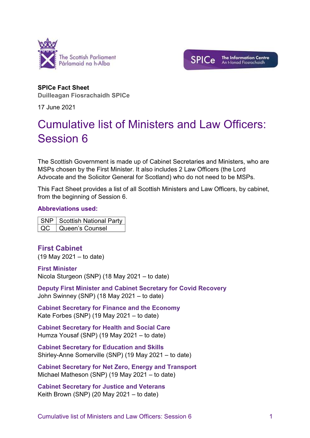 Cumulative List of Ministers and Law Officers: Session 6