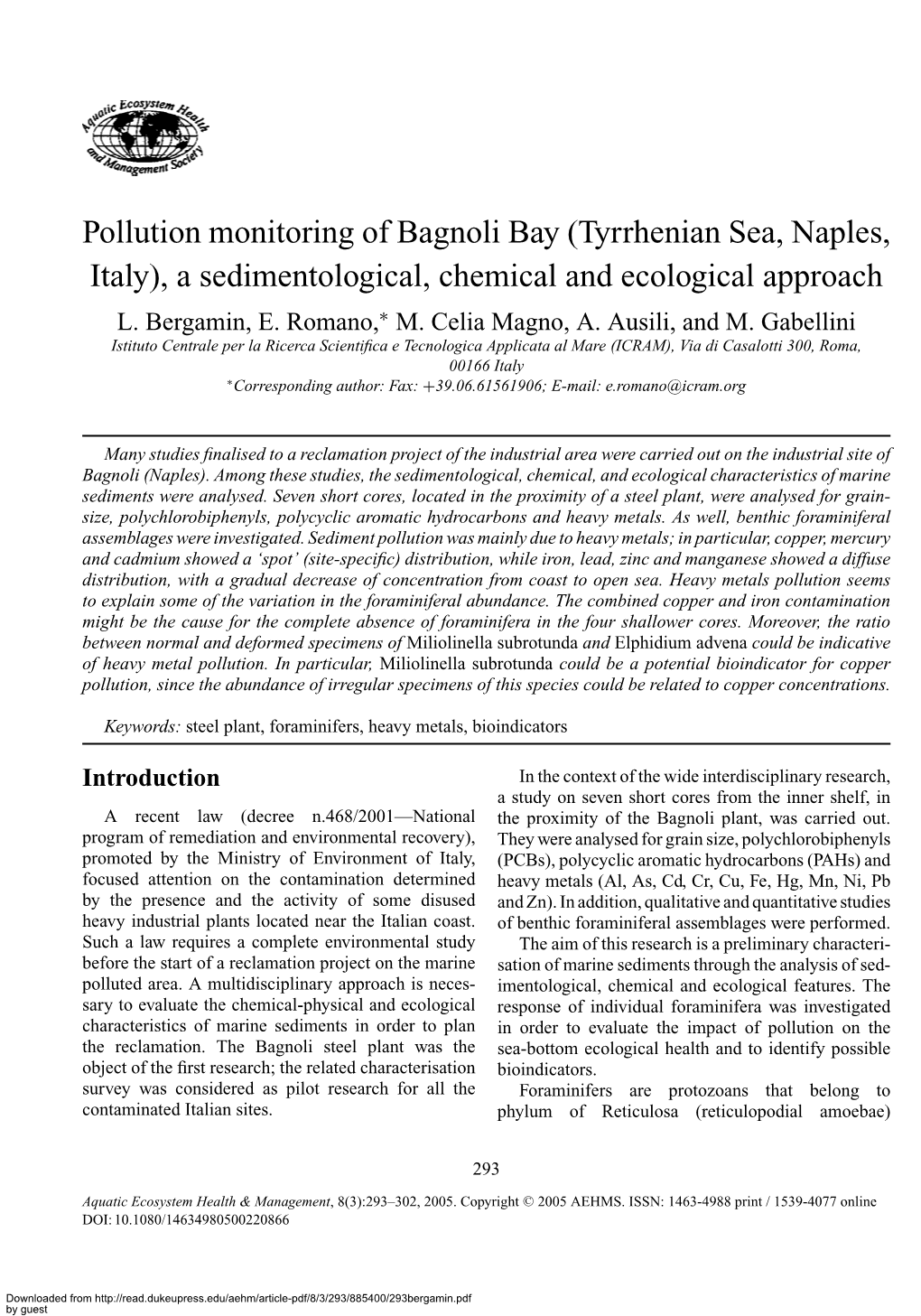 Pollution Monitoring of Bagnoli Bay (Tyrrhenian Sea, Naples, Italy), a Sedimentological, Chemical and Ecological Approach L