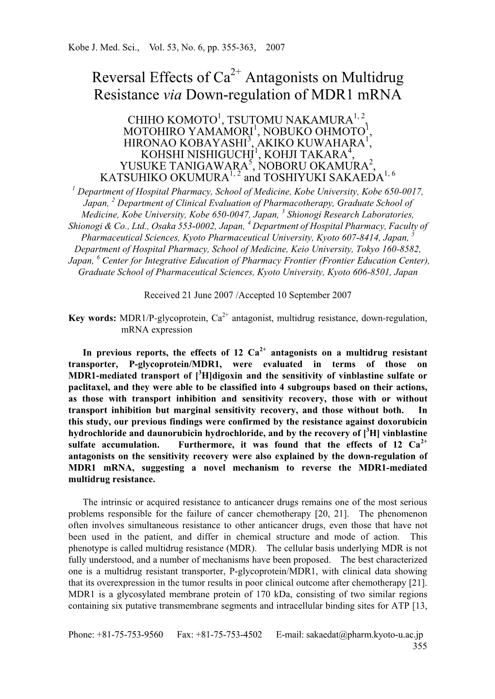 Reversal Effects of Ca2+ Antagonists on Multidrug Resistance Via Down-Regulation of MDR1 Mrna