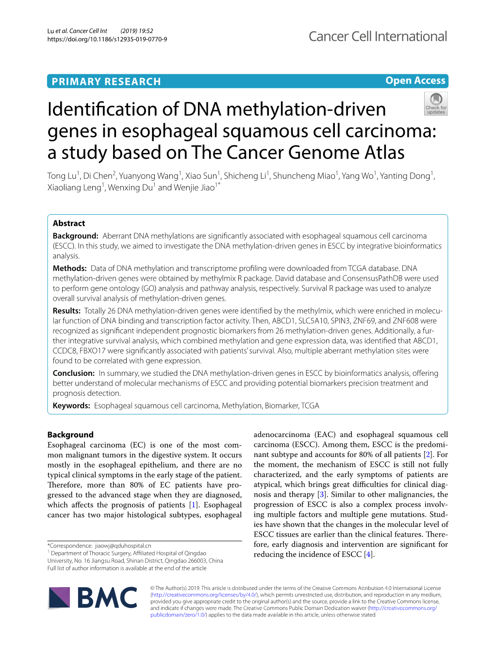 Identification of DNA Methylation-Driven Genes in Esophageal Squamous Cell Carcinoma: a Study Based on the Cancer Genome Atlas