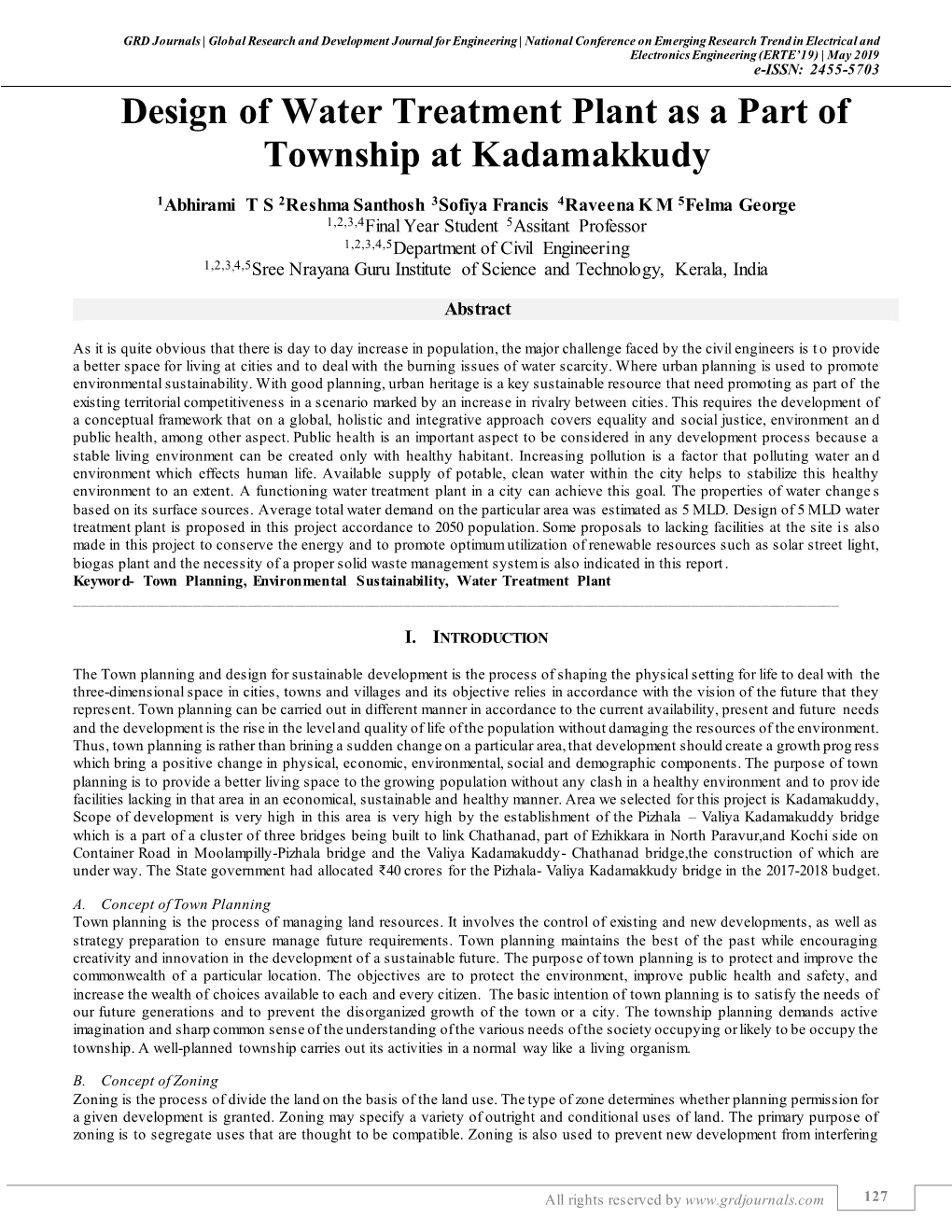 Design of Water Treatment Plant As a Part of Township at Kadamakkudy