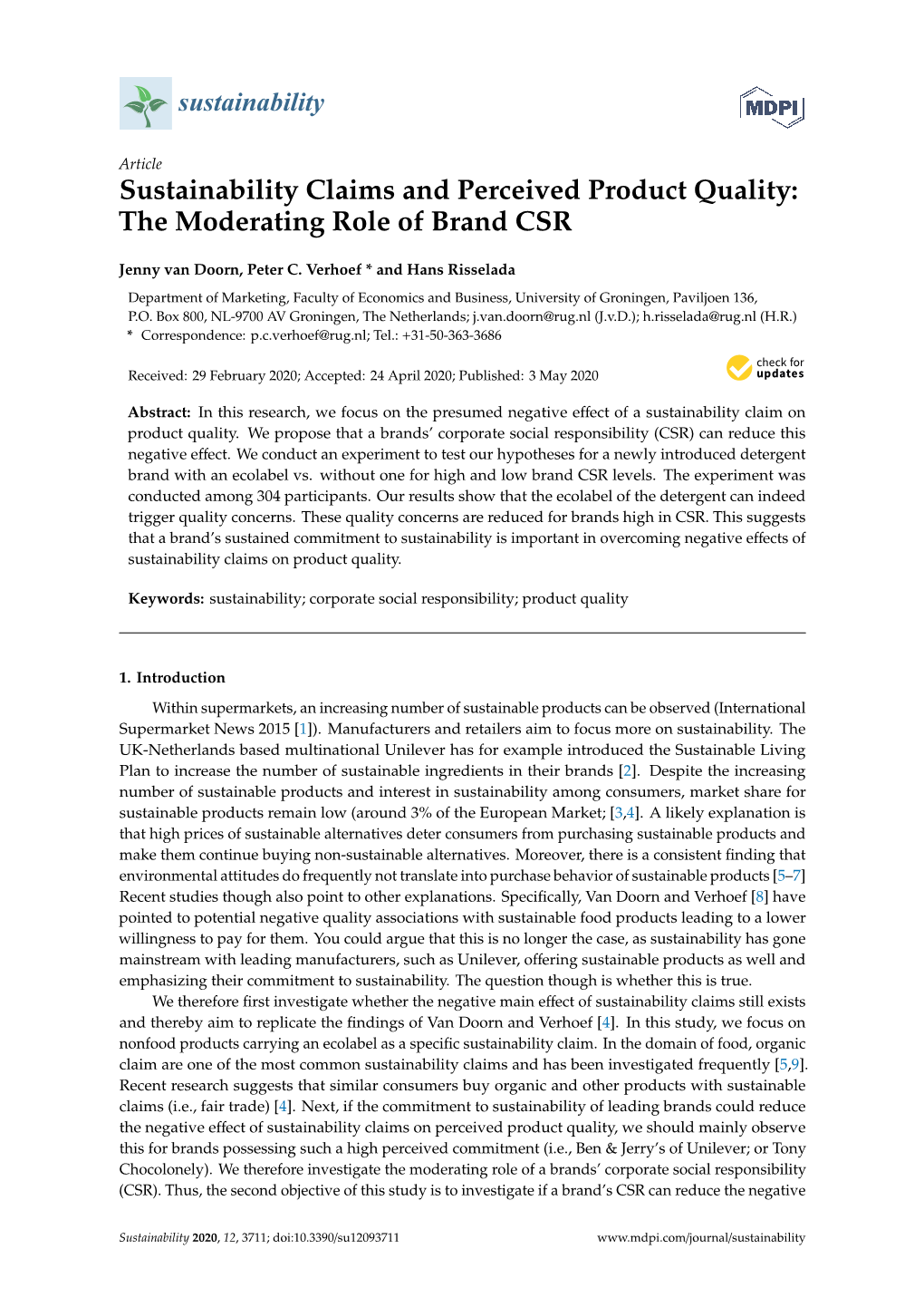 Sustainability Claims and Perceived Product Quality: the Moderating Role of Brand CSR