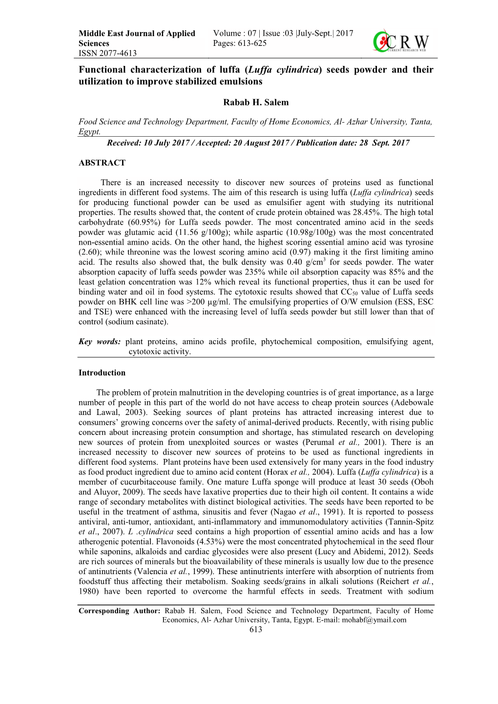 Luffa Cylindrica) Seeds Powder and Their Utilization to Improve Stabilized Emulsions