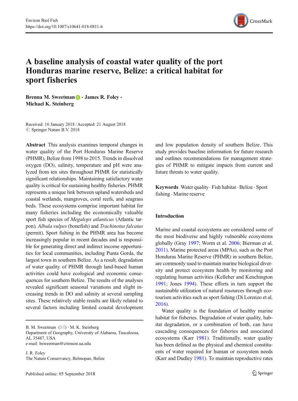A Baseline Analysis of Coastal Water Quality of the Port Honduras Marine Reserve, Belize: a Critical Habitat for Sport Fisheries