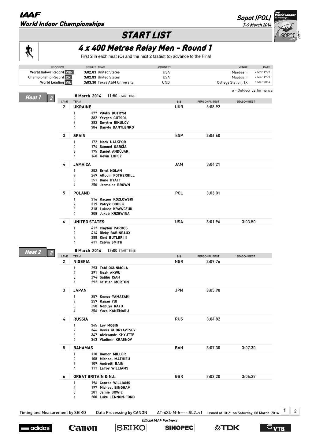 START LIST 4 X 400 Metres Relay Men - Round 1 First 2 in Each Heat (Q) and the Next 2 Fastest (Q) Advance to the Final