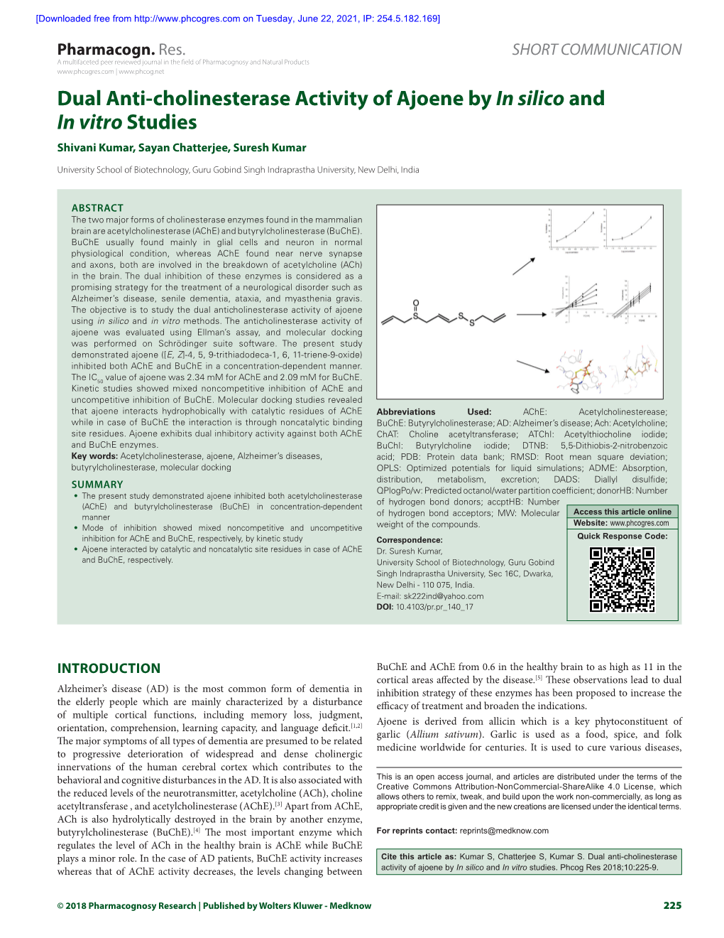 Dual Anti-Cholinesterase Activity of Ajoene by in Silico and in Vitrostudies