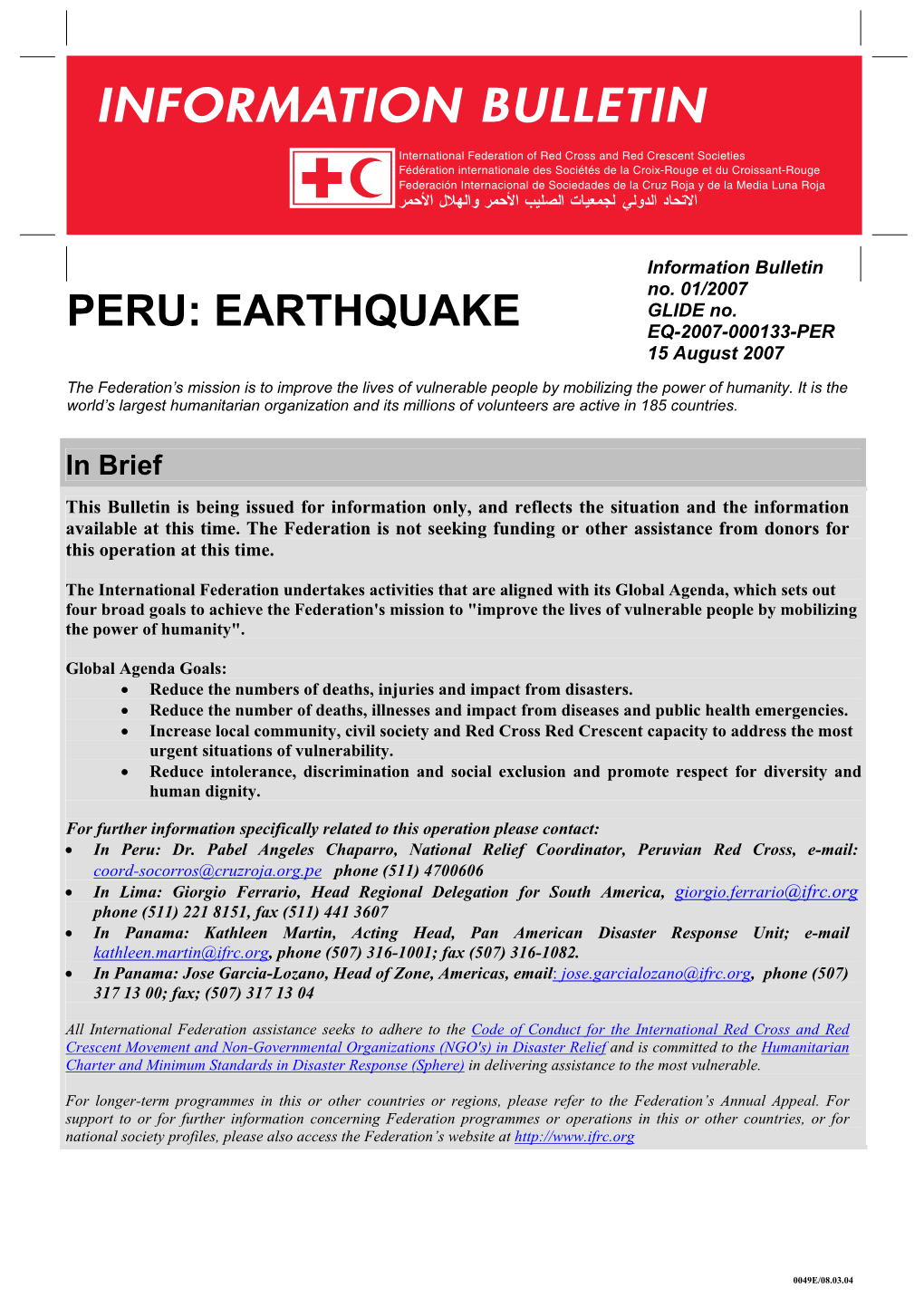 PERU: EARTHQUAKE EQ-2007-000133-PER 15 August 2007