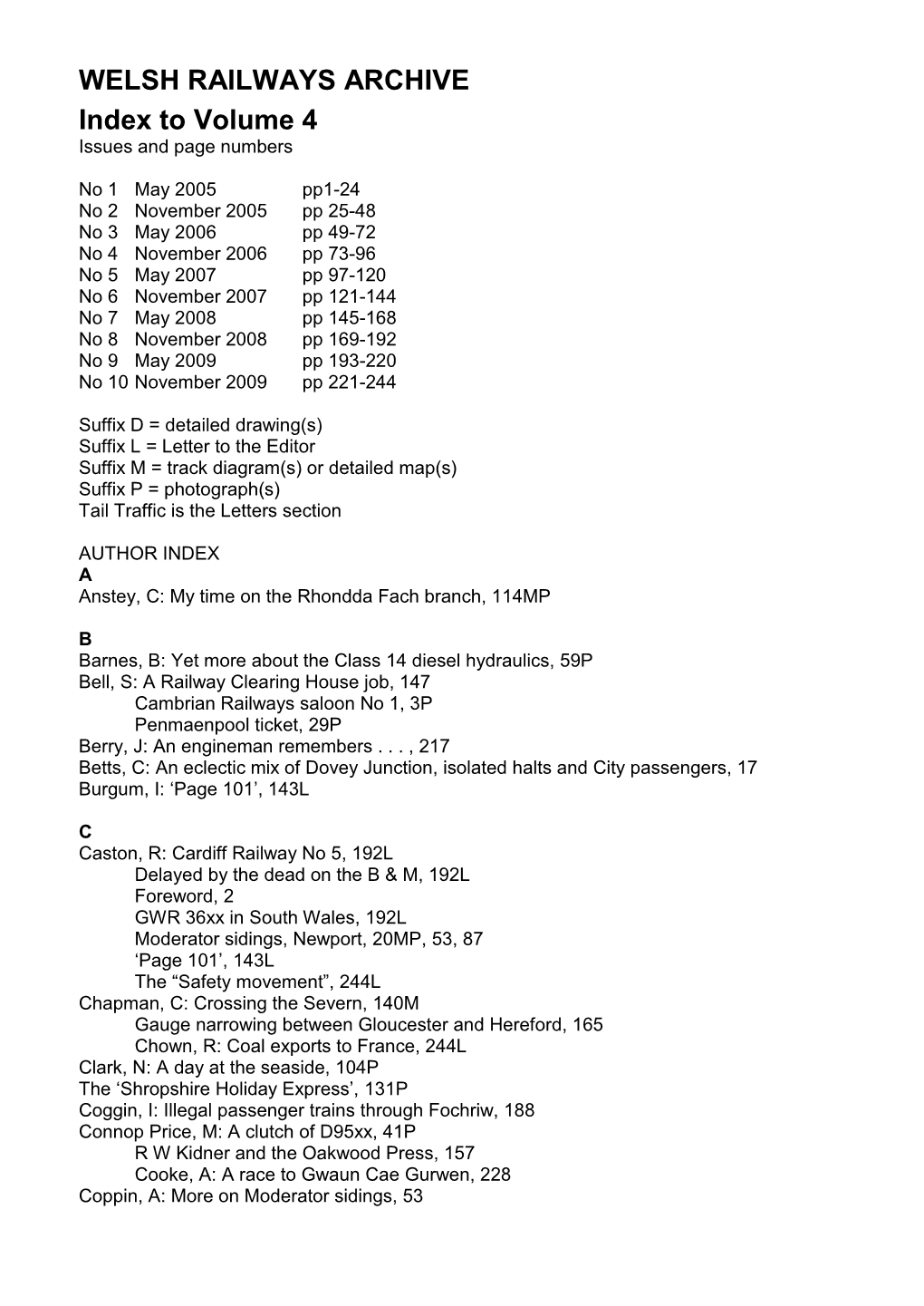 WELSH RAILWAYS ARCHIVE Index to Volume 4 Issues and Page Numbers