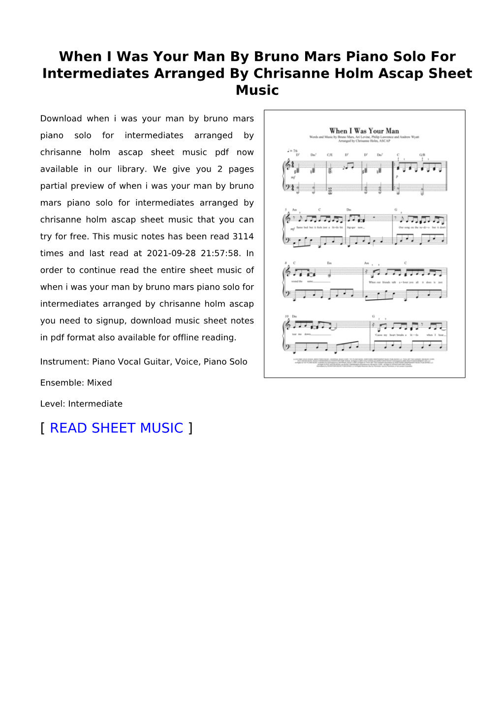 When I Was Your Man by Bruno Mars Piano Solo for Intermediates Arranged by Chrisanne Holm Ascap Sheet Music