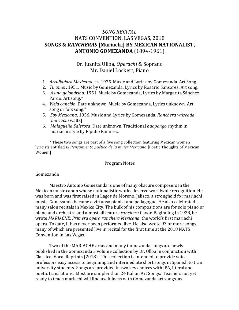 SONG RECITAL NATS CONVENTION, LAS VEGAS, 2018 SONGS & RANCHERAS [Mariachi] by MEXICAN NATIONALIST, ANTONIO GOMEZANDA (1894-1961)