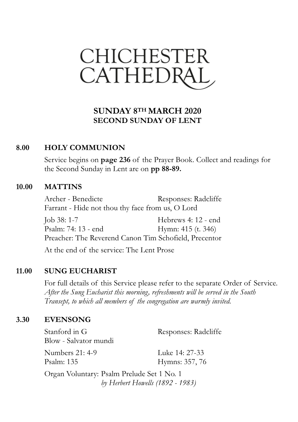 Sunday 8Th March 2020 Second Sunday of Lent