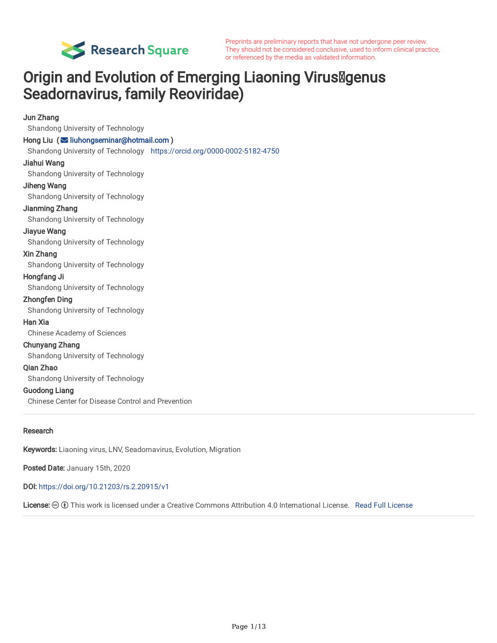 Origin and Evolution of Emerging Liaoning Virus（Genus Seadornavirus, Family Reoviridae)