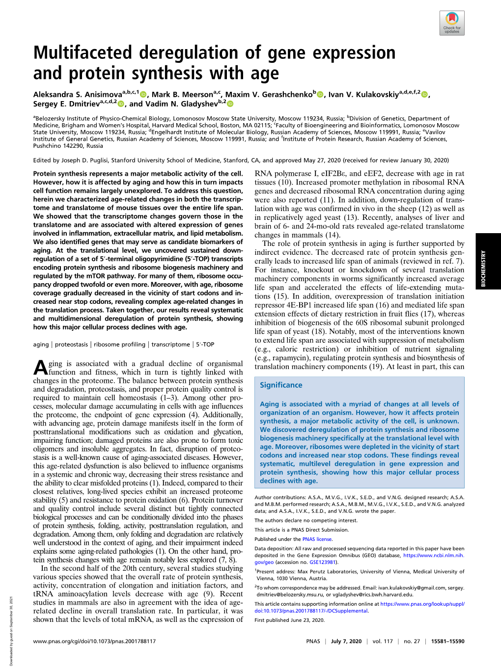 Multifaceted Deregulation of Gene Expression and Protein Synthesis with Age