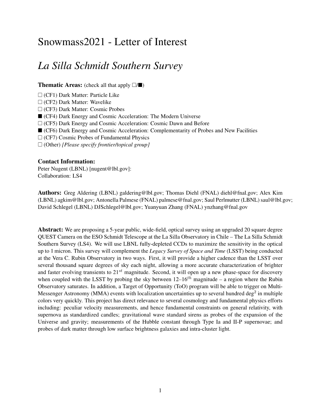 Letter of Interest La Silla Schmidt Southern Survey