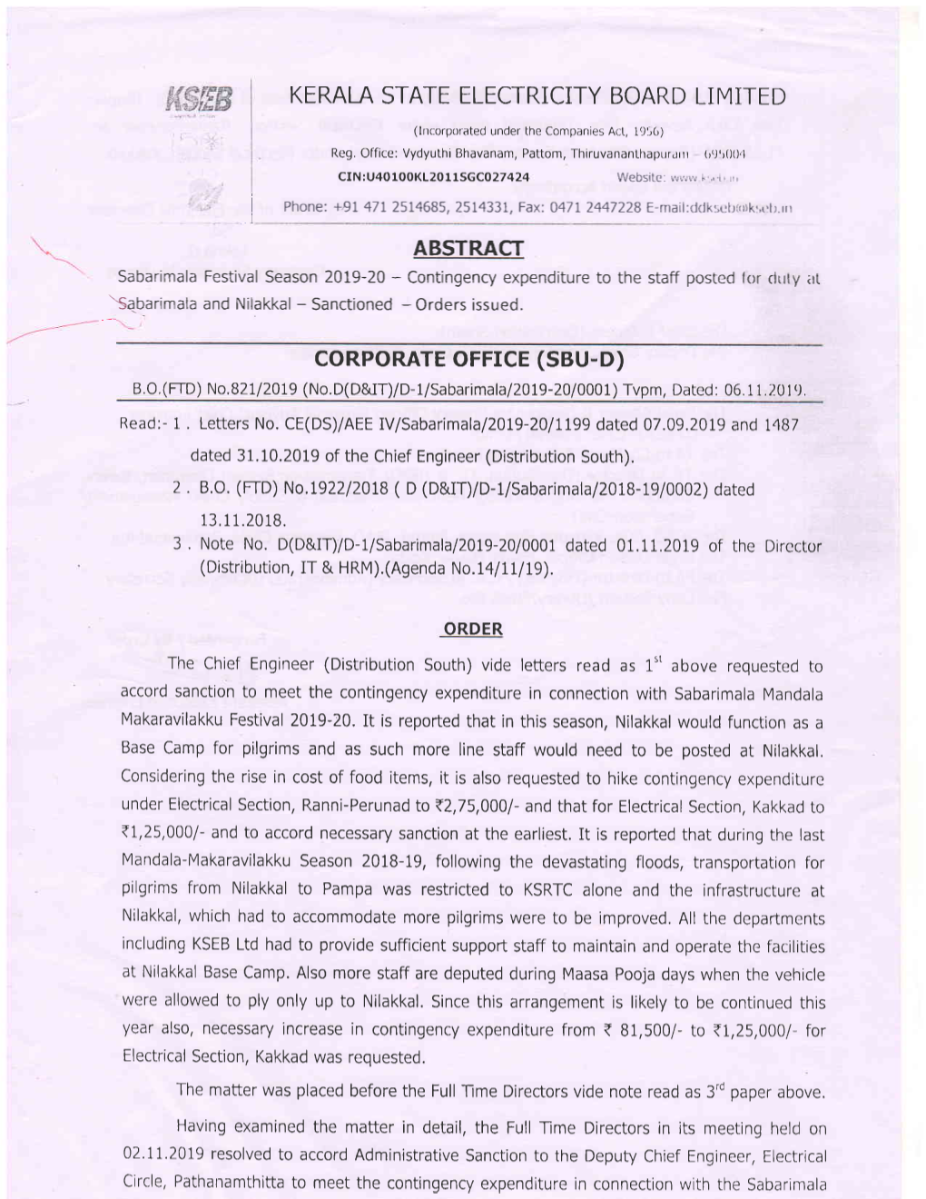 Corporate OFFTCE (SBU-D) B.O.(Frd) No.82112019 (No.D(D&IT)/D-L/Sabarimala/2O19-20/0001) Tvpm, Dated: 06.11.20Te