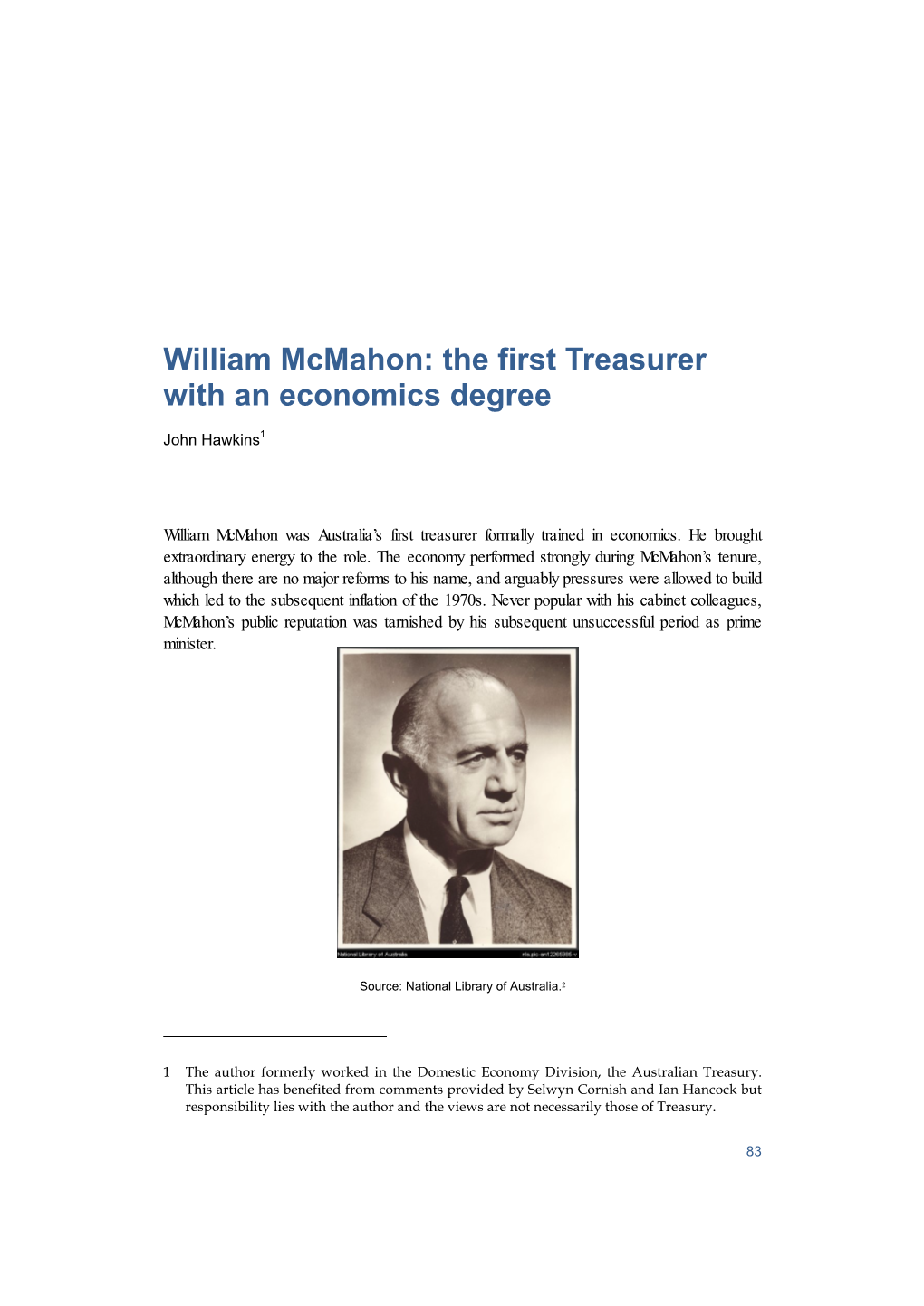 William Mcmahon: the First Treasurer with an Economics Degree