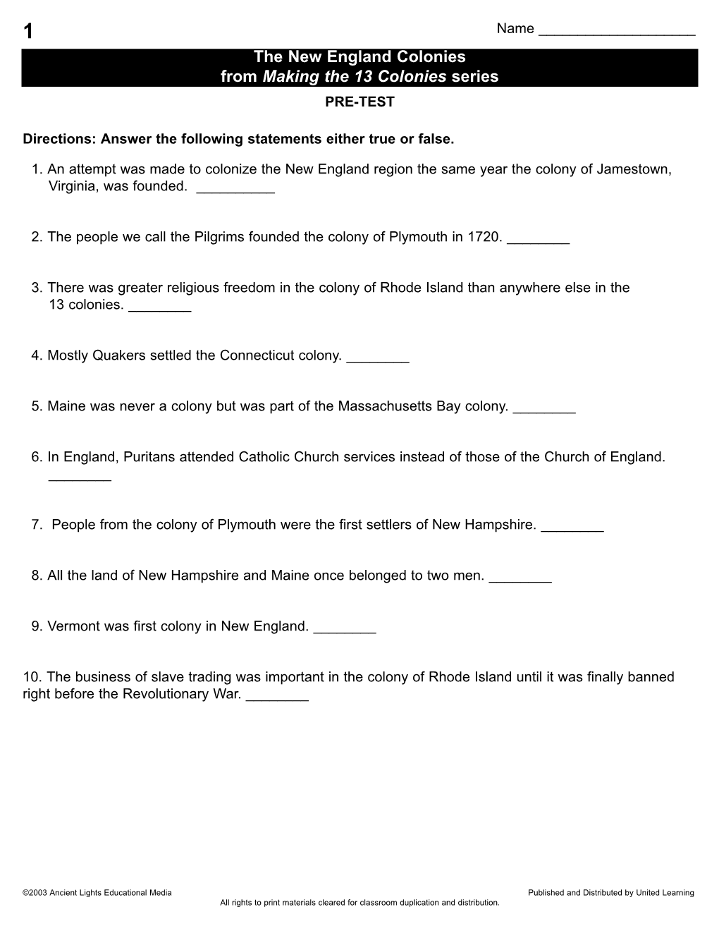 New England Colonies Blacklines.Qxd