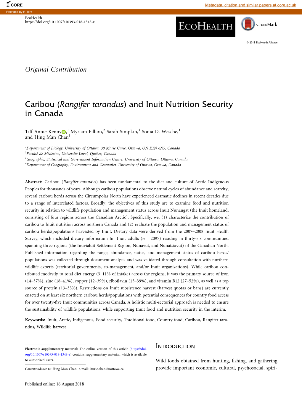 Caribou (Rangifer Tarandus) and Inuit Nutrition Security in Canada