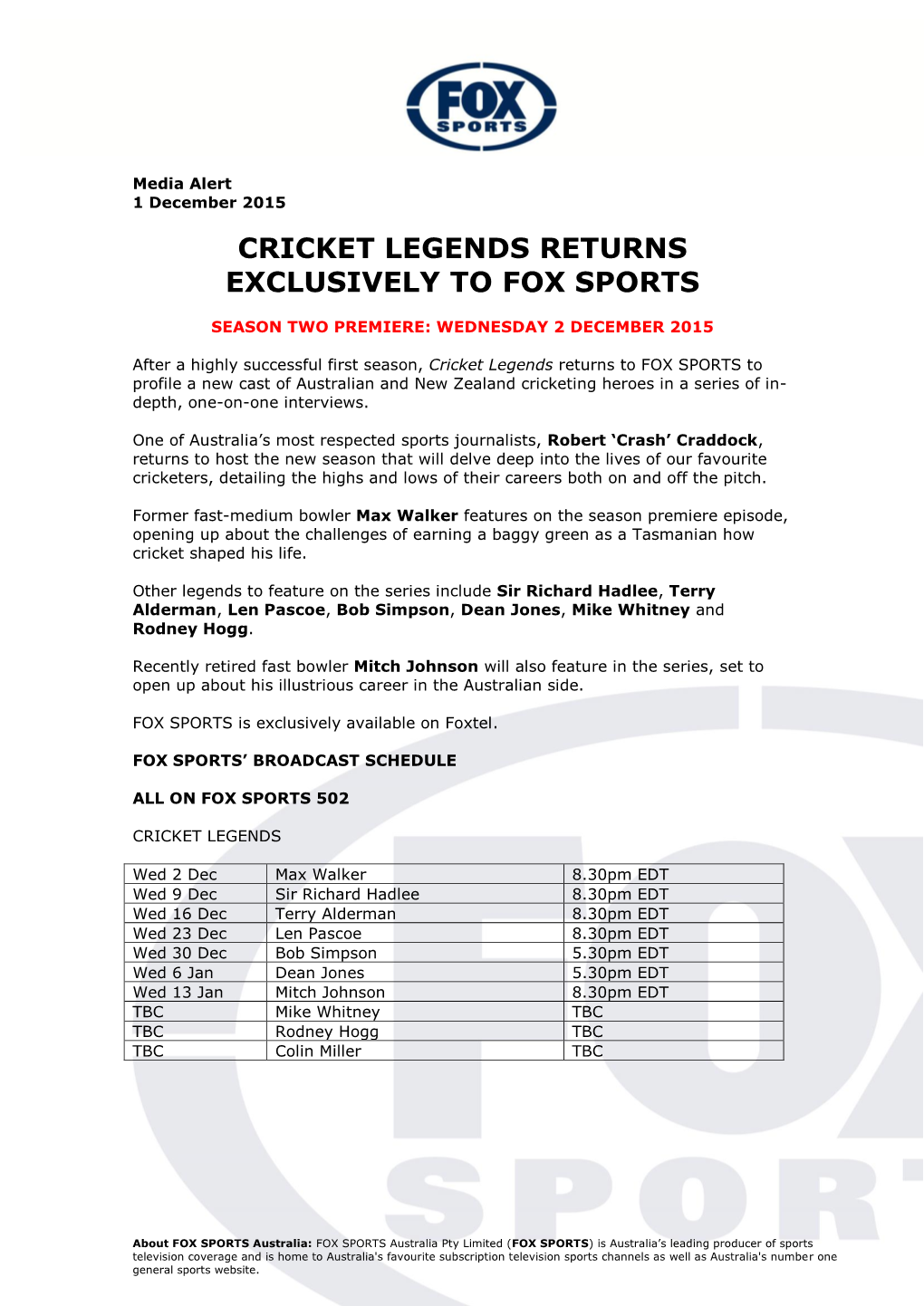 Cricket Legends Returns Exclusively to Fox Sports