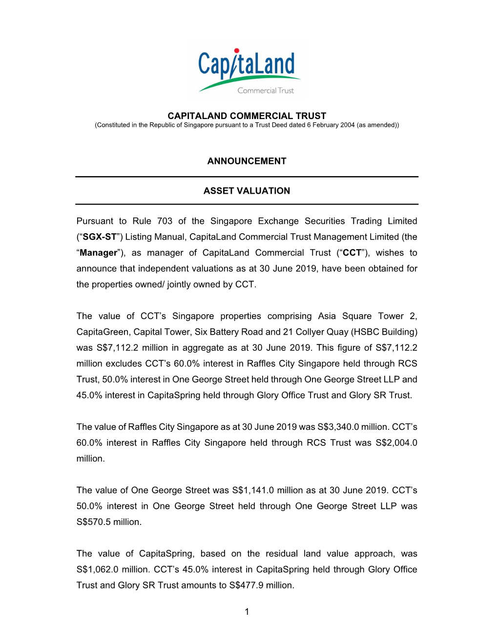 1 CAPITALAND COMMERCIAL TRUST ANNOUNCEMENT ASSET VALUATION Pursuant to Rule 703 of the Singapore Exchange Securities Trading
