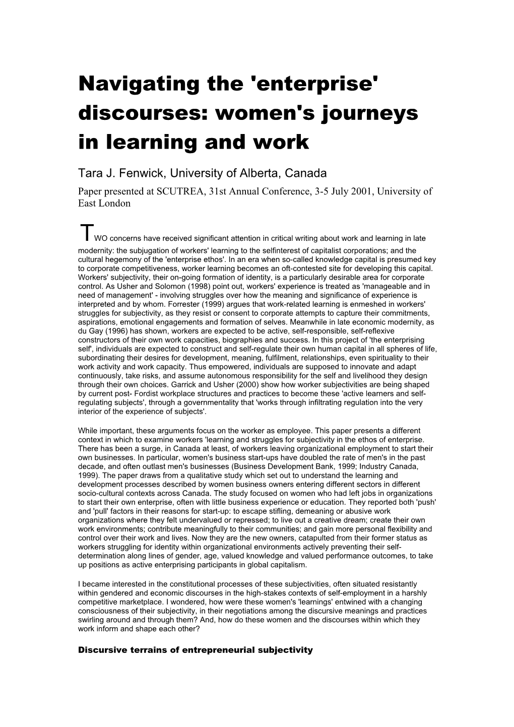 Navigating the 'Enterprise' Discourses: Women's Journeys in Learning and Work