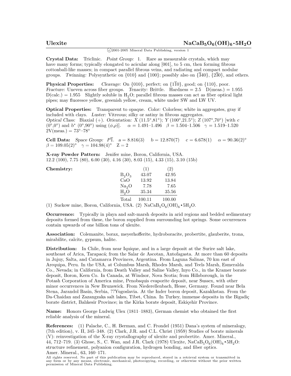 Ulexite Nacab5o6(OH)6 • 5H2O C 2001-2005 Mineral Data Publishing, Version 1 Crystal Data: Triclinic