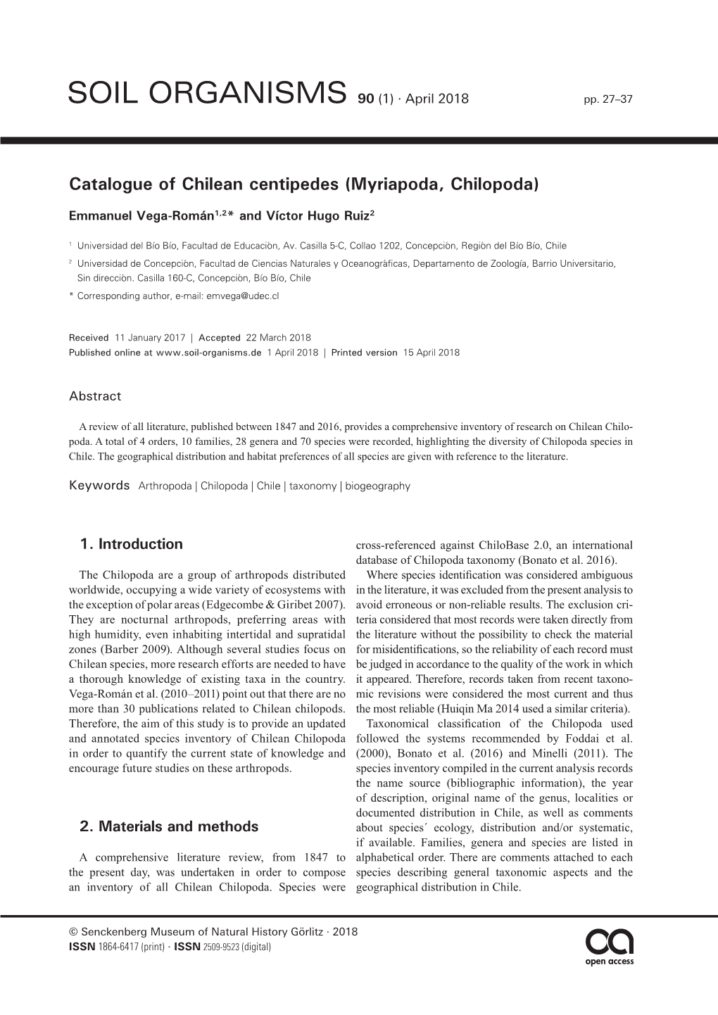 Catalogue of Chilean Centipedes (Myriapoda, Chilopoda)