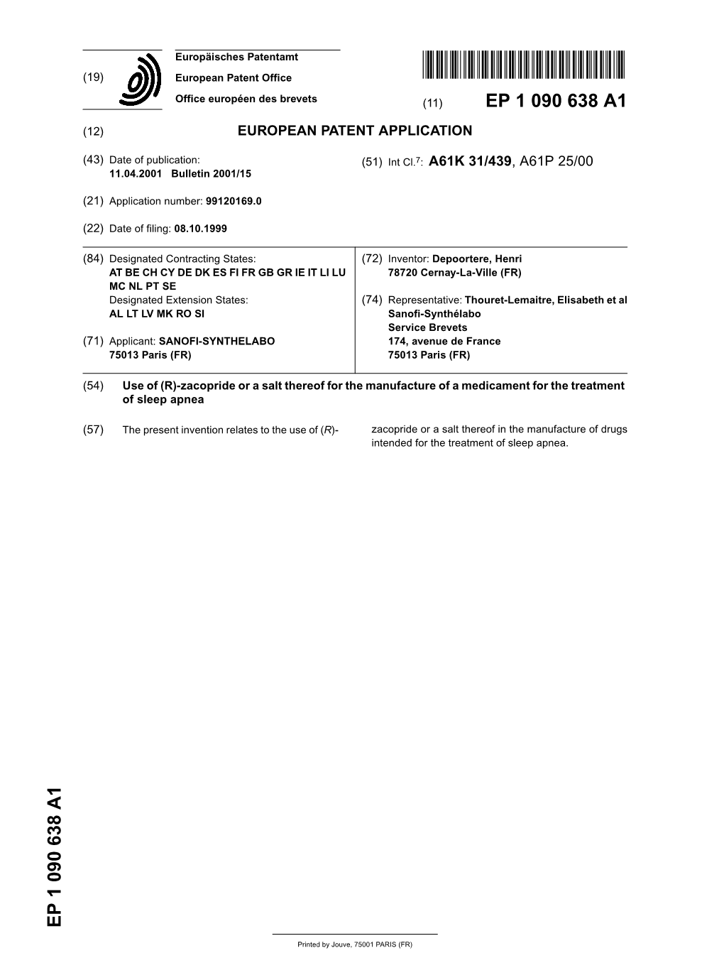 (R)-Zacopride Or a Salt Thereof for the Manufacture of a Medicament for the Treatment of Sleep Apnea